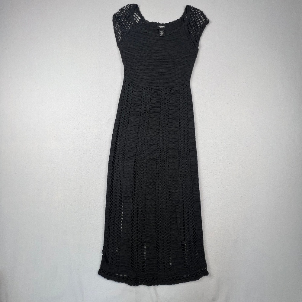 Express Crochet Maxi Dress Womens Medium Black Handknit Sleeveless Boho Goth